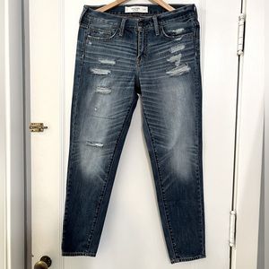 A&F zipper fly, mid-rise, distressed skinny jeans size 4 dark wash